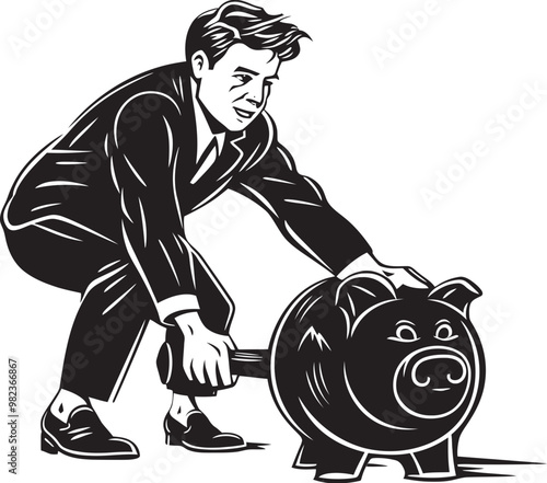 Detailed vector art of man crushing piggy bank