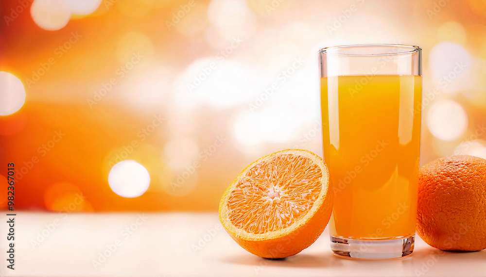 Naklejka premium glass of orange juice, sliced oranges around 