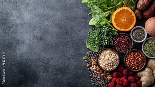 A variety of nutritious foods including leafy greens, berries, nuts, seeds, and grains are beautifully displayed on a dark background, emphasizing health and balance. photo