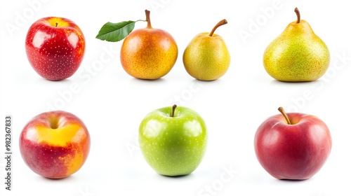 A vibrant collection of various apples and pears, showcasing their unique colors and textures against a clean white background.