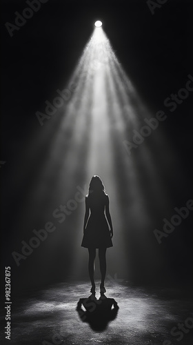 A woman stands in a spotlight, symbolizing empowerment and solitude in a dramatic black and white scene with beams of light illuminating her figure