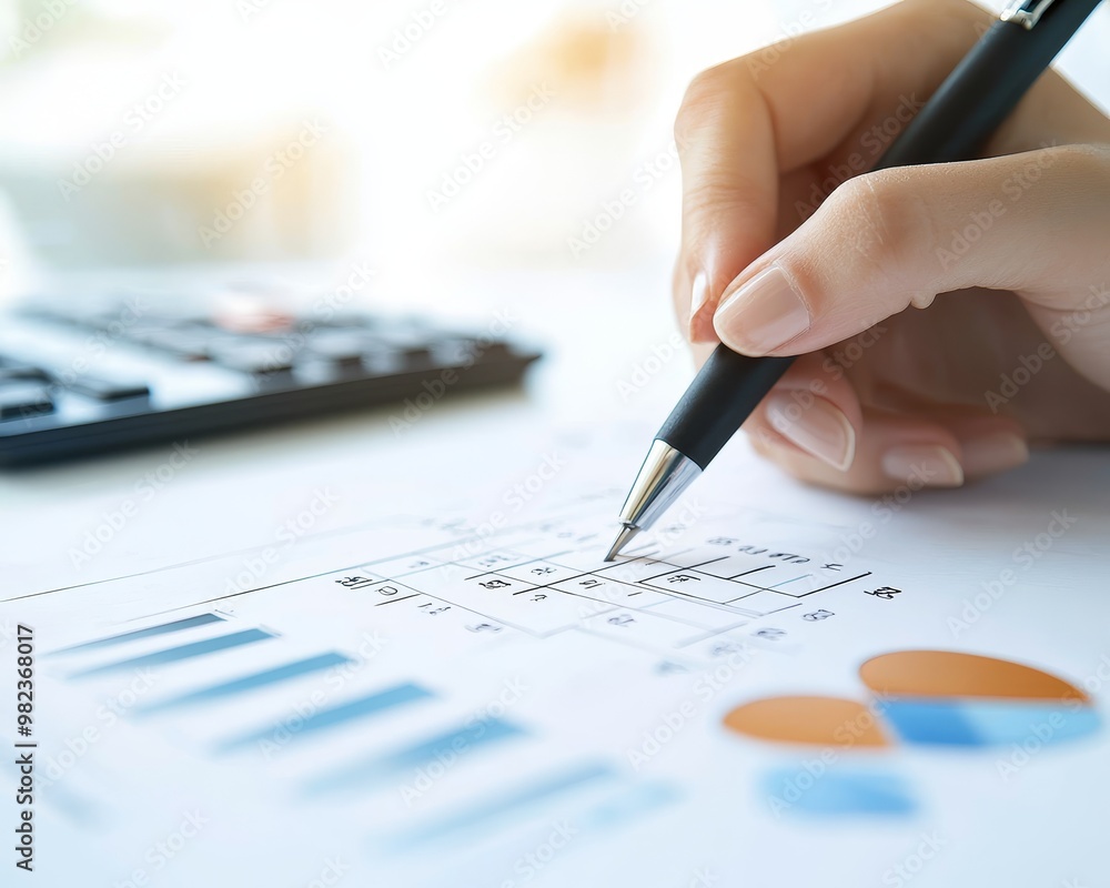 Close-up of a hand writing on a document with charts and a calculator in the background. Close-up of a hand writing on a document with charts and a calculator in the background.