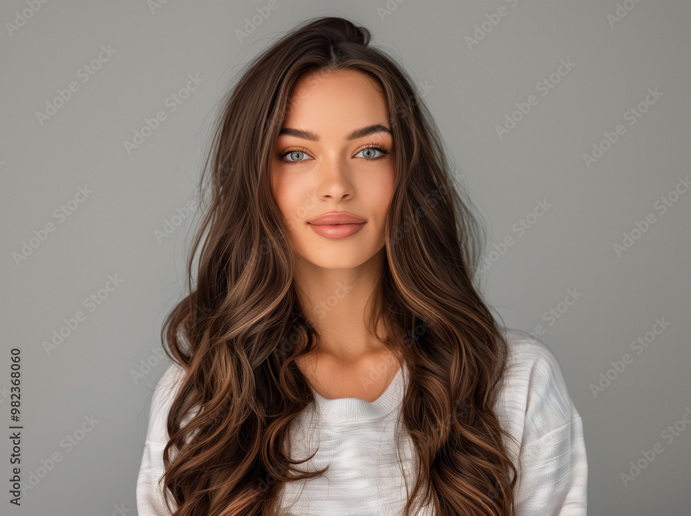 Casual fashion woman with elegance makeup, long shiny curly hairstyle and healthy skin against gray studio wall background Casual fashion woman with elegance makeup, long shiny curly hairstyle and healthy skin against gray studio wall background