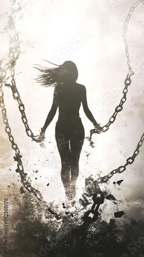 A woman walks forward, breaking free from chains, symbolizing liberation and strength, with flowing hair and a powerful silhouette against a dramatic backdrop