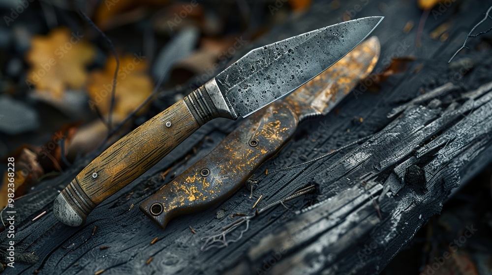 Rustic Handmade Knife On Burnt Wood