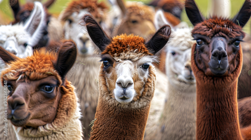 Obraz premium Group of llamas standing in a row on a wooden fence, cute and curious llamas with adorable expressions, playful scene of friendly llamas in a natural outdoor setting, close-up portrait of farm animals