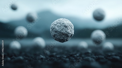 Several spherical rocks are seen levitating above a dark, ethereal landscape, creating a mysterious and otherworldly scene with a blurred, enigmatic background. photo