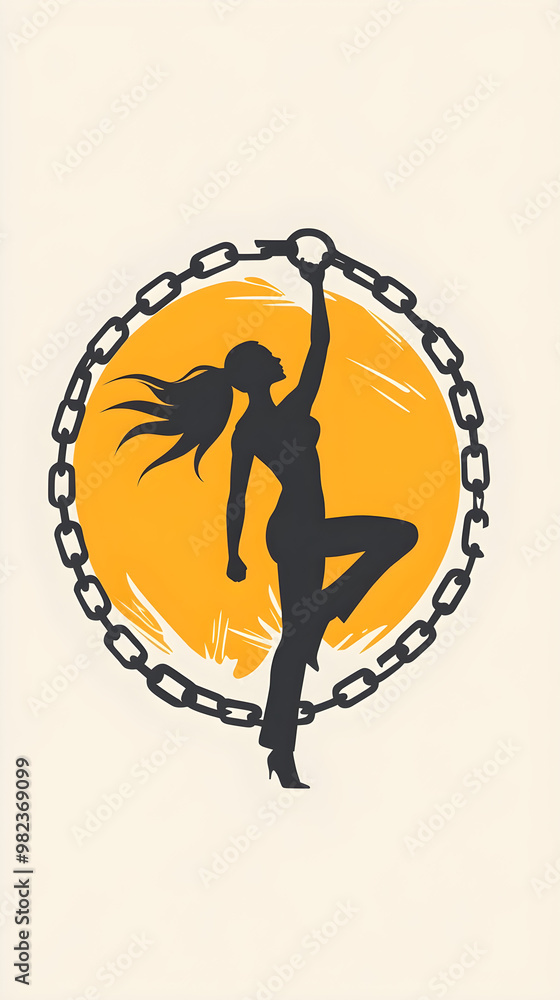 A woman stretches and breaks chains, symbolizing freedom and empowerment against a vibrant background