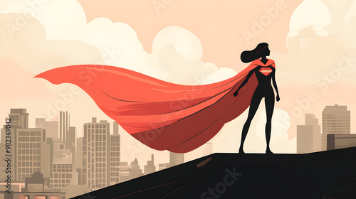 A woman wearing a superhero costume stands on a rooftop, gazing over the city skyline with a flowing red cape billowing in the wind