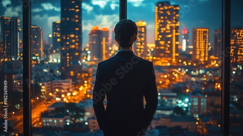 Businessman gazing out of a large window, overlooking a brightly lit city skyline at night, standing with hands in pockets, thoughtful and reflective moment.