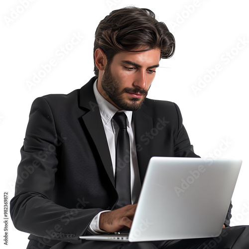 Businessman in suit working on laptop, focused on task. Professional office environment, productivity concept, serious expression.