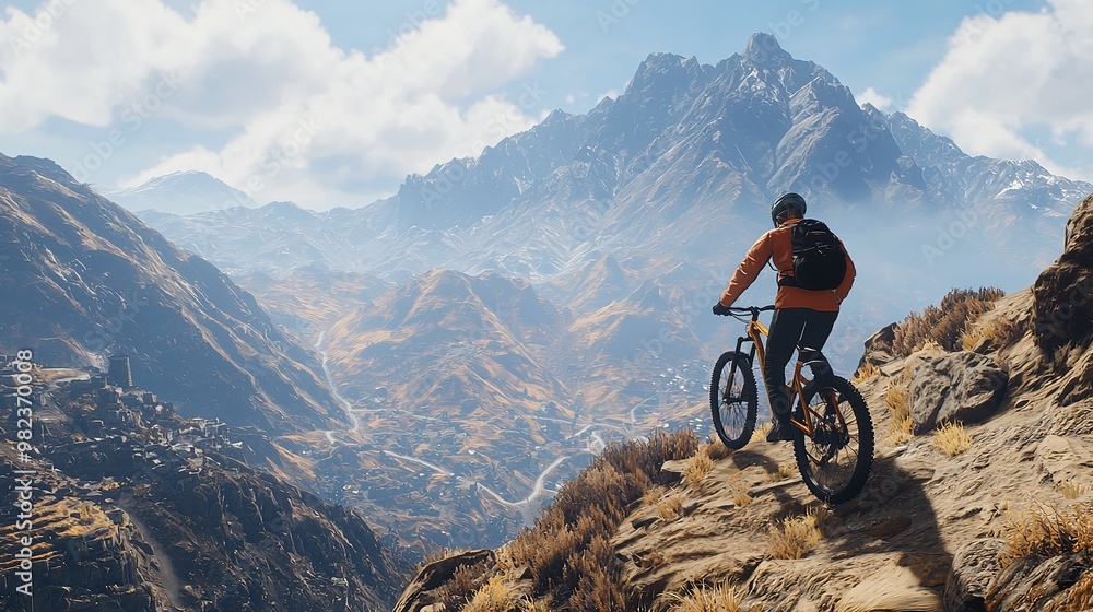 Fototapeta premium Mountain biker on top of a mountain peak with stunning view
