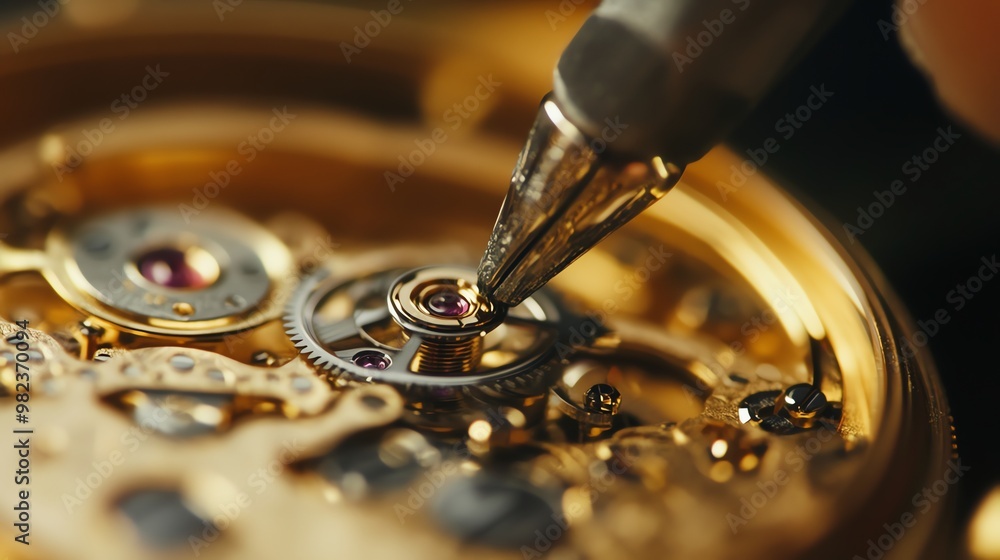 A watchmaker is using a tool to adjust a gear in a watch. A watchmaker is using a tool to adjust a gear in a watch.