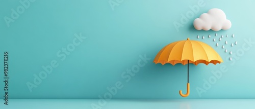 A bright yellow umbrella is positioned slightly to the side on a smooth light blue background, creating a clean and minimalistic design. 