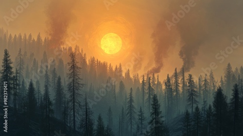 Smoky haze covering a forested landscape after a wildfire, with the sun struggling to break through, symbolizing environmental damage and natural disaster recovery.