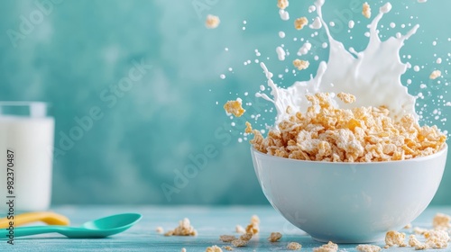 High-speed photograph capturing crispy cereal pieces splashing into a white bowl of milk, creating a lively and appetizing breakfast scene on a vibrant blue background. photo