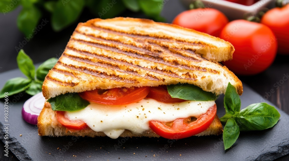 A grilled sandwich with tomatoes, onions and cheese on a black plate, AI A grilled sandwich with tomatoes, onions and cheese on a black plate, AI