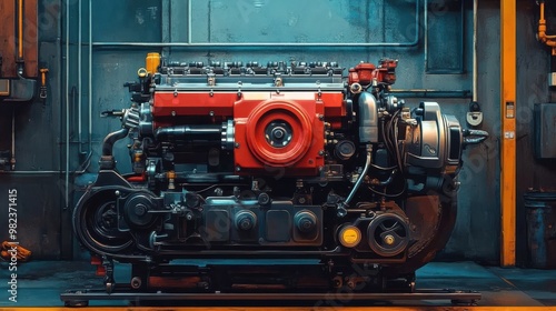 Close-up of large industrial engine in a garage setting. Mechanical power, heavy equipment, engineering, technical machinery, automotive industry, detailed components, industrial work, manufacturing photo