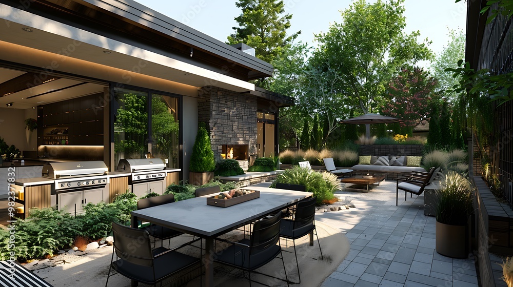Naklejka premium Large backyard featuring an indoor grilling and a stylish eating area