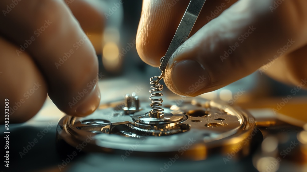 A watchmaker is using a tool to adjust a gear in a watch. A watchmaker is using a tool to adjust a gear in a watch.