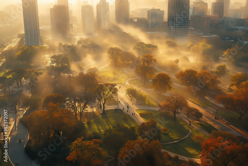 City Park at Sunset in the Evening (Aerial View)