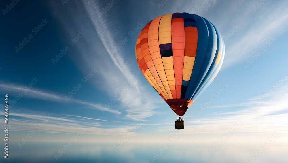 Fototapeta premium Vibrant Hot Air Balloon Floating in Vast, Minimalist Blue Sky