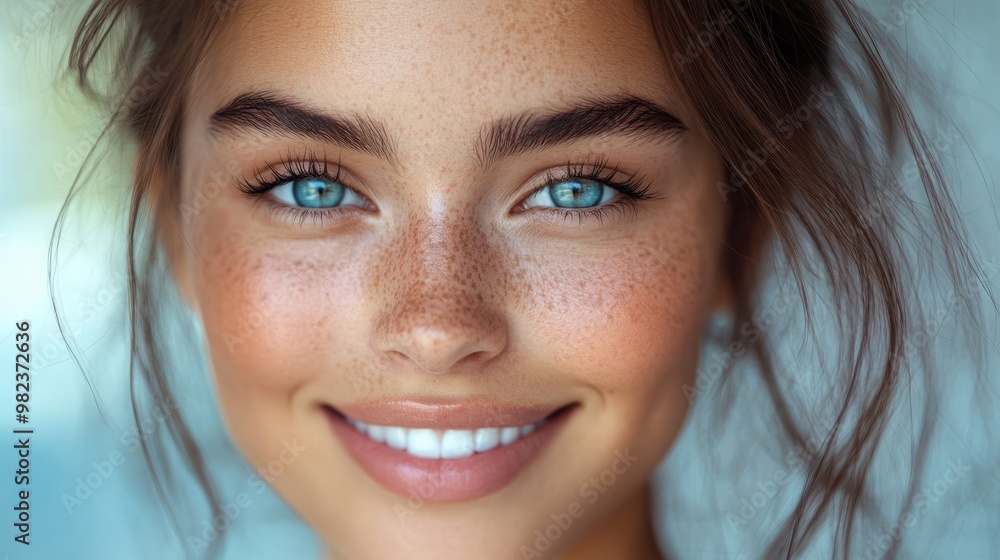 Close-up portrait of smiling woman with freckles, natural beauty, radiant skin, blue eyes, youthful look, healthy complexion, confidence, outdoor lighting Close-up portrait of smiling woman with freckles, natural beauty, radiant skin, blue eyes, youthful look, healthy complexion, confidence, outdoor lighting