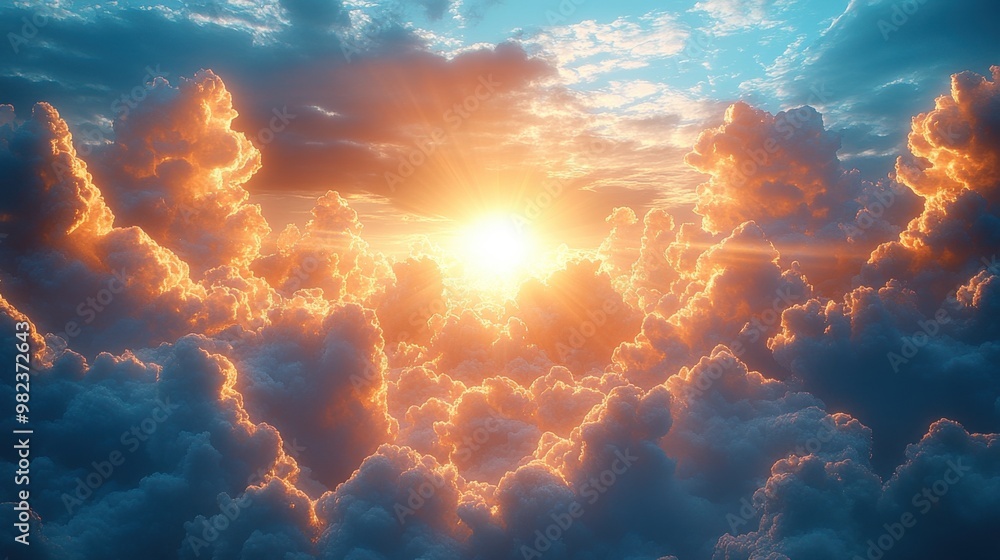 The image of bright orange-yellow sunlight shining through clouds and sky is a symbol of new beginnings, hope, and a positive energy image for the mind. The image of bright orange-yellow sunlight shining through clouds and sky is a symbol of new beginnings, hope, and a positive energy image for the mind.