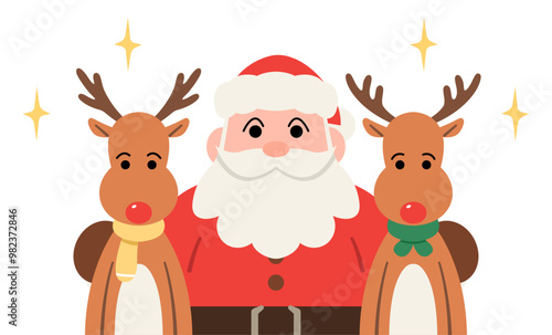 Santa Claus and two Reindeers. Cartoon style character drawing. Flat vector illustration for Christmas season.  photo