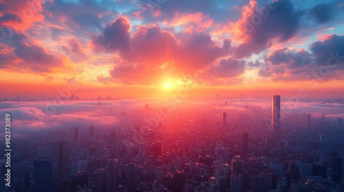 Fototapeta Naklejka Na Ścianę i Meble -  A bright sunrise over a city landscape symbolizes new beginnings, hope, and positive energy for the mind.