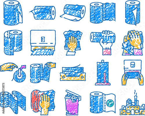 paper towel kitchen roll tissue doodle icons set vector. sketch line art clean toilet, wipe, napkin, bathroom wet, table, cleaning dry, hands cleanliness paper towel kitchen color illustrations