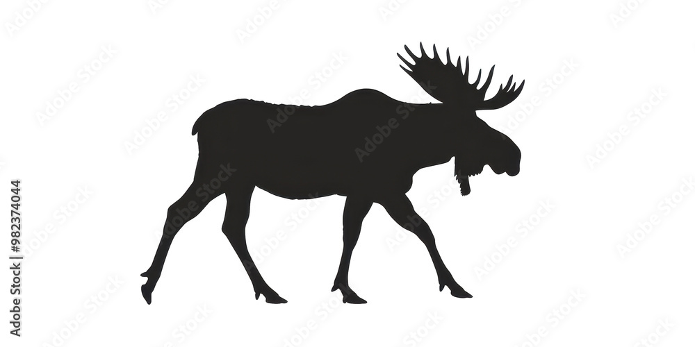 Fototapeta premium A black and white silhouette of a moose walking across a white background