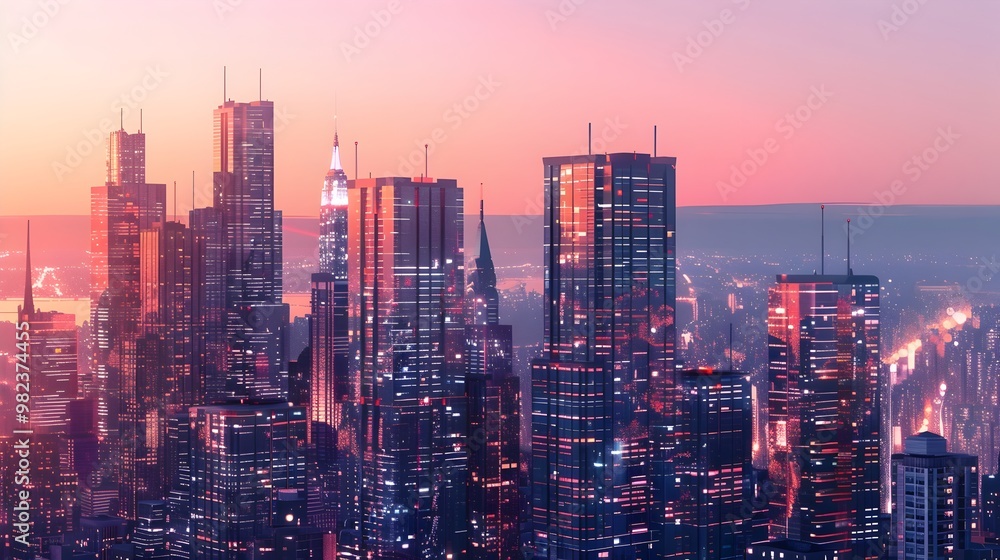 Obraz premium Futuristic Cityscape With Sleek Skyscrapers Reflecting City Lights at Dusk
