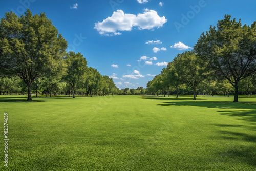 Green Field with Trees Under Blue Sky