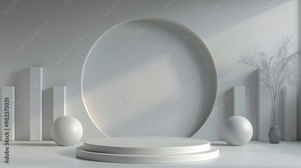 Minimalist White Podium with Geometric Shapes and Plant. Minimalist White Podium with Geometric Shapes and Plant.
