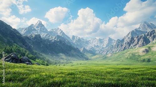 Lush green meadow under clear blue sky