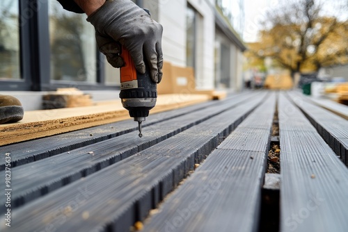 Construction Worker Using a Drill on a Wooden Deck