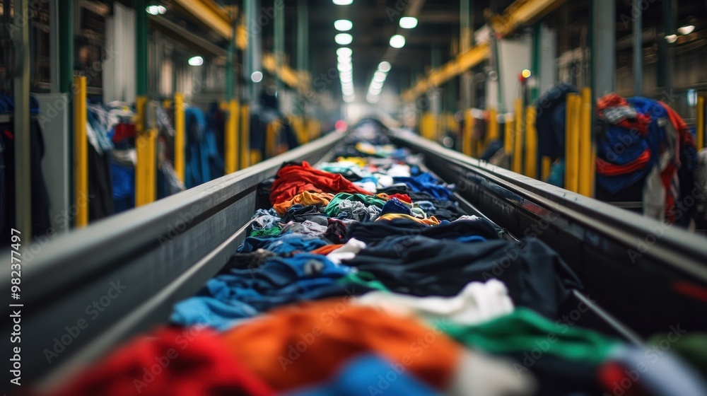 Conveyor Belt of Clothing in a Factory Setting Conveyor Belt of Clothing in a Factory Setting