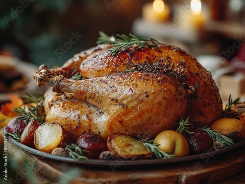 Festive roasted turkey garnished with rosemary, potatoes, and vegetables, perfect for holiday celebrations and family gatherings.