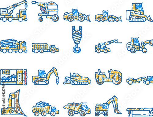 construction vehicle heavy doodle icons set vector. sketch line art excavator machinery, bulldozer tractor, machine digger yellow loader, shovel, land construction vehicle heavy color illustrations