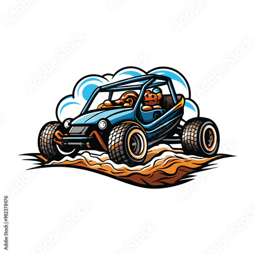 A cartoon illustration of a powerful off-road dune buggy racing along a beach, kicking up sand and leaving a trail behind it.