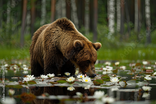 Brown bear in a lotus pond