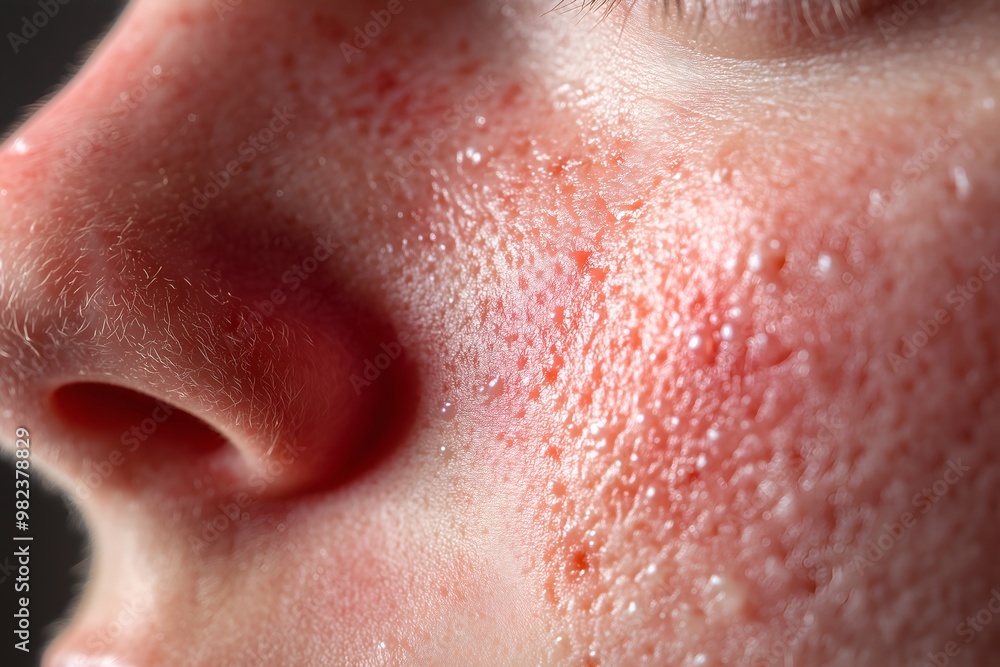 Close-up of Skin with Redness and Acne Texture on the Face