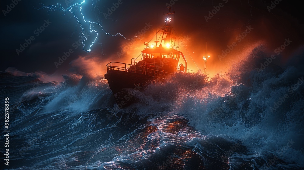 Fototapeta premium The rescue vessel challenges the wrath of the stormy sea, confronting mighty waves with unyielding resolve in its crucial mission to save lives.