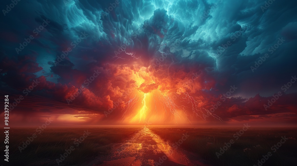 A painting of a road running through a vast field under a stormy sky with lightning and rain A painting of a road running through a vast field under a stormy sky with lightning and rain