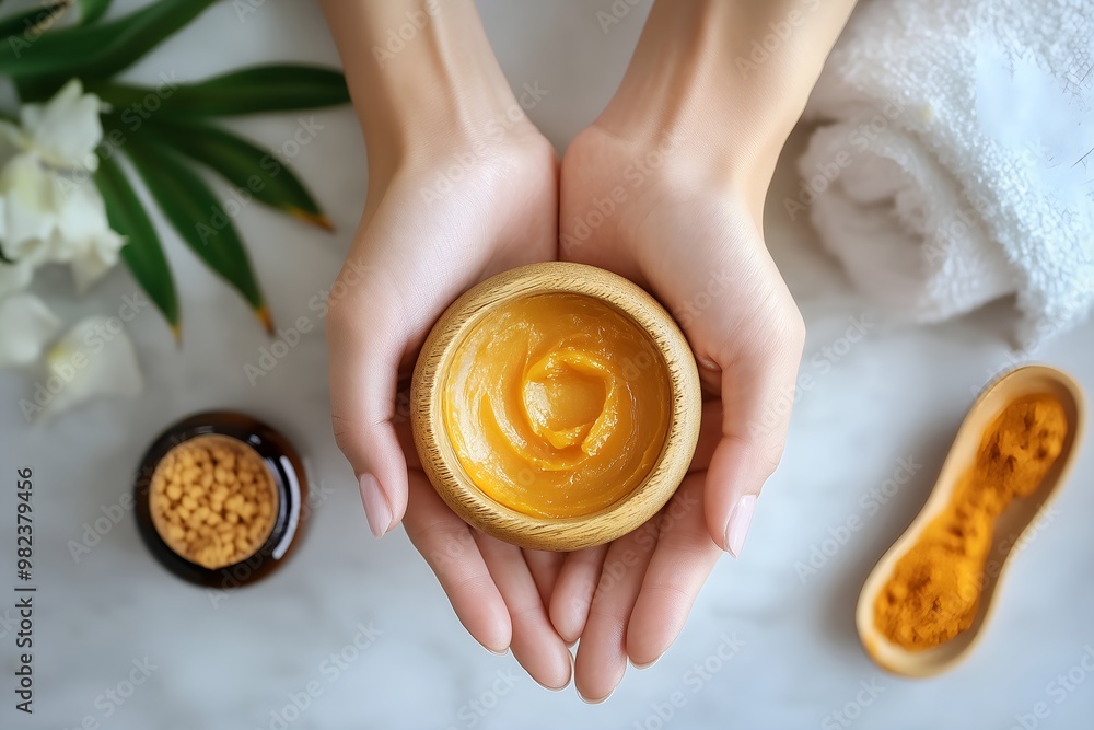 Natural Skincare Cream in Hands with Turmeric and Herbal Ingredients