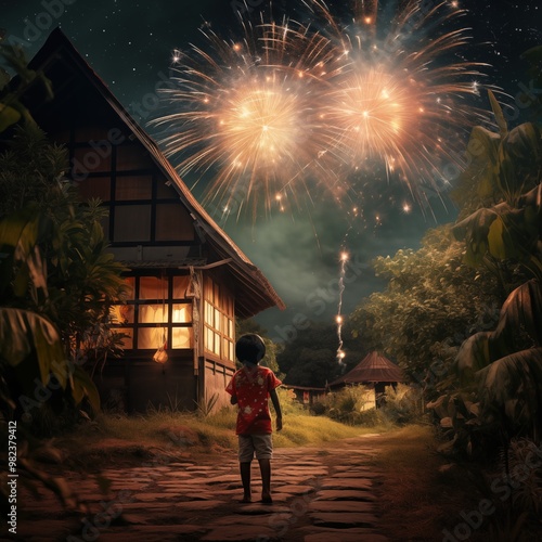 Little boy in front of the house with fireworks photo