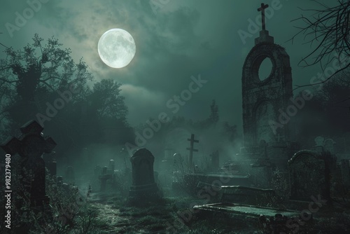 Eerie moonlit cemetery with fog and crosses: a haunting night scene in an abandoned graveyard