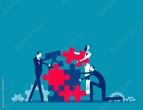 Robot. Business team and robots are putting together a jigsaw puzzle, Artificial intelligence supports business success