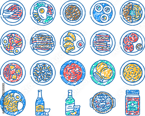 korean cuisine food meal doodle icons set vector. sketch line art kimchi soup, bibimbap sauce, chicken kimbap, roll japchae, gimbap, sesame, stir korean cuisine food meal color illustrations